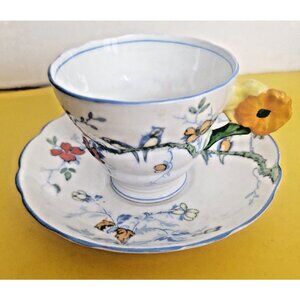 Rare  Radfords Fenton Macaw Tea Cup and Saucer Set: Hand-Painted Flower Handle